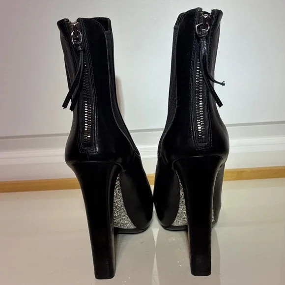 Miu Miu Black Leather Platform Ankle Boots with Glitter Block Heel - Picture 6 of 15